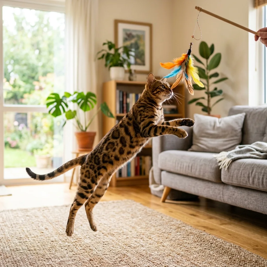 Cat leaping at a feather wand toy