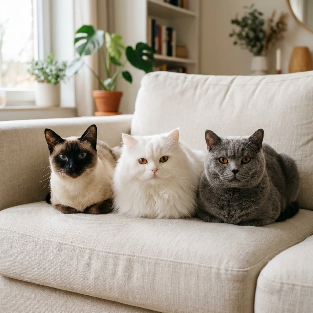 Siamese, Persian and British Shorthair cats on a sofa