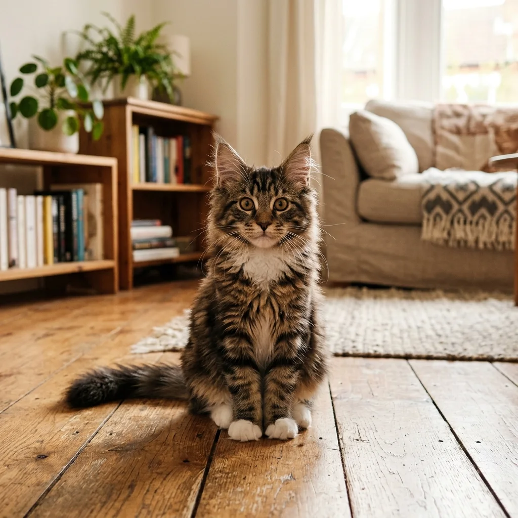 Young Maine Coon cat sitting on a sunlit wooden floor