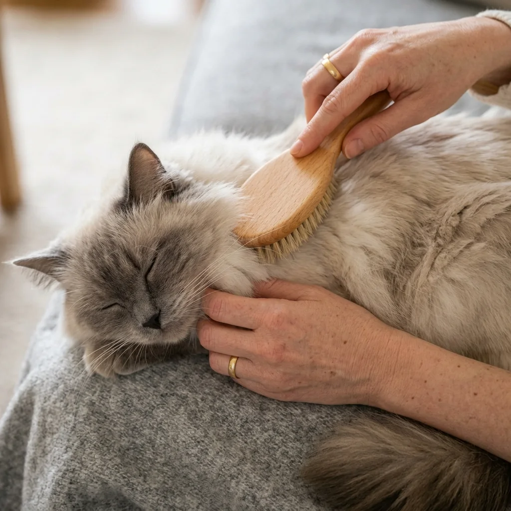 Long-haired cat being gently brushed