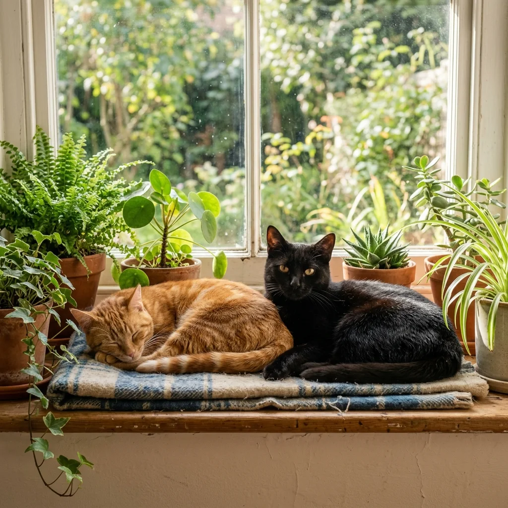 Black cat and ginger cat lounging on a sunny windowsill