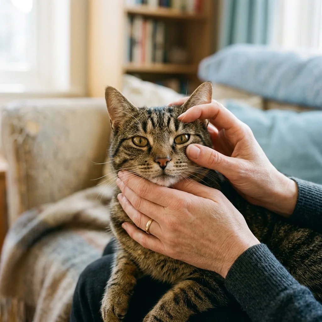 Owner gently checking a cats face and eyes at home