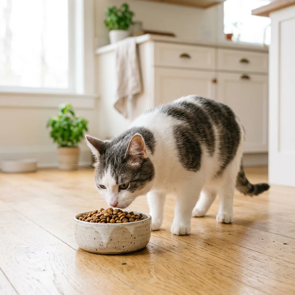 Cat sniffing a bowl of food in a bright kitchen