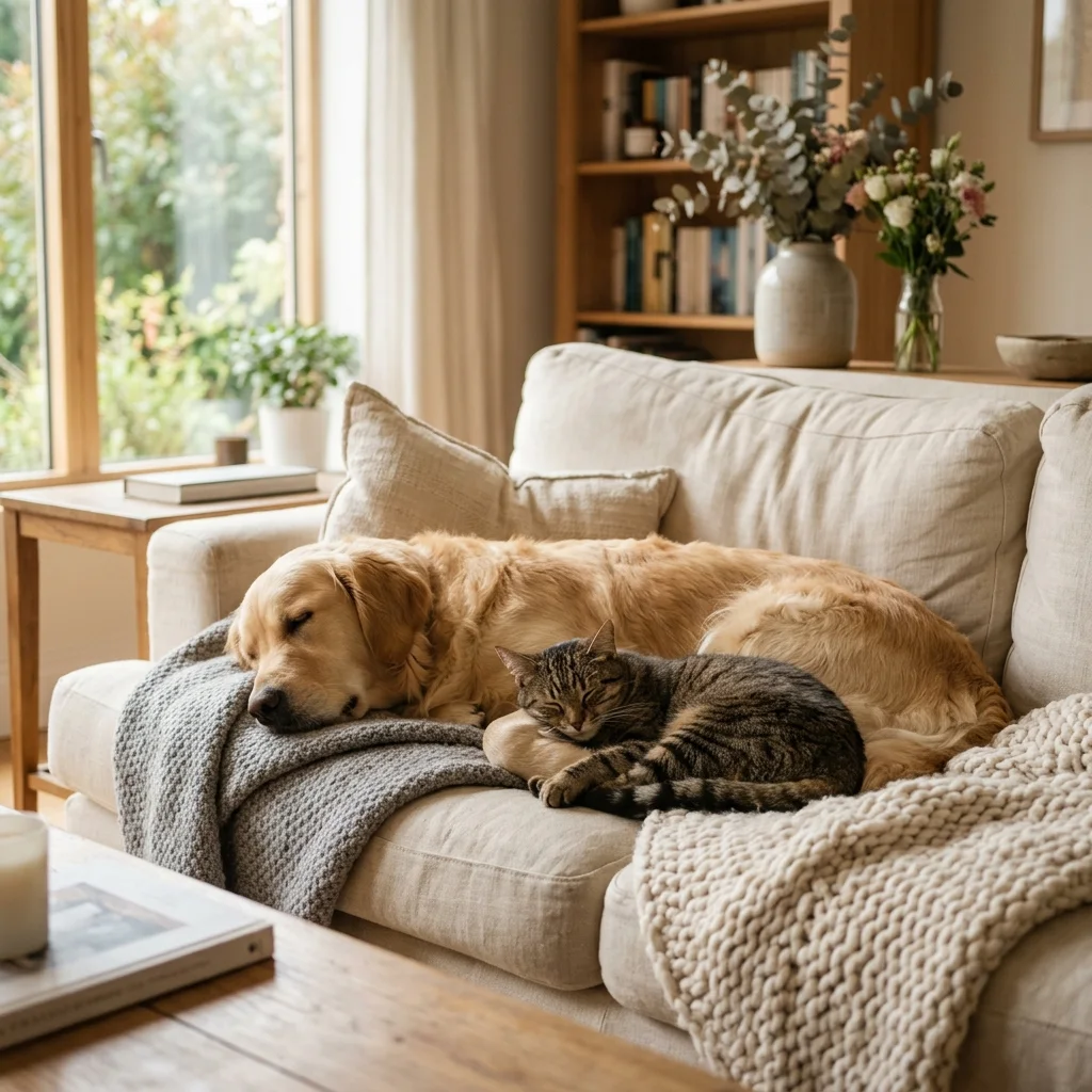 Golden retriever and tabby cat resting together on a cozy sofa