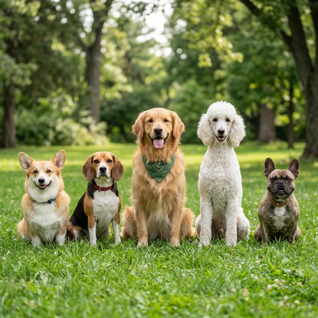 Several dog breeds sitting together on grass