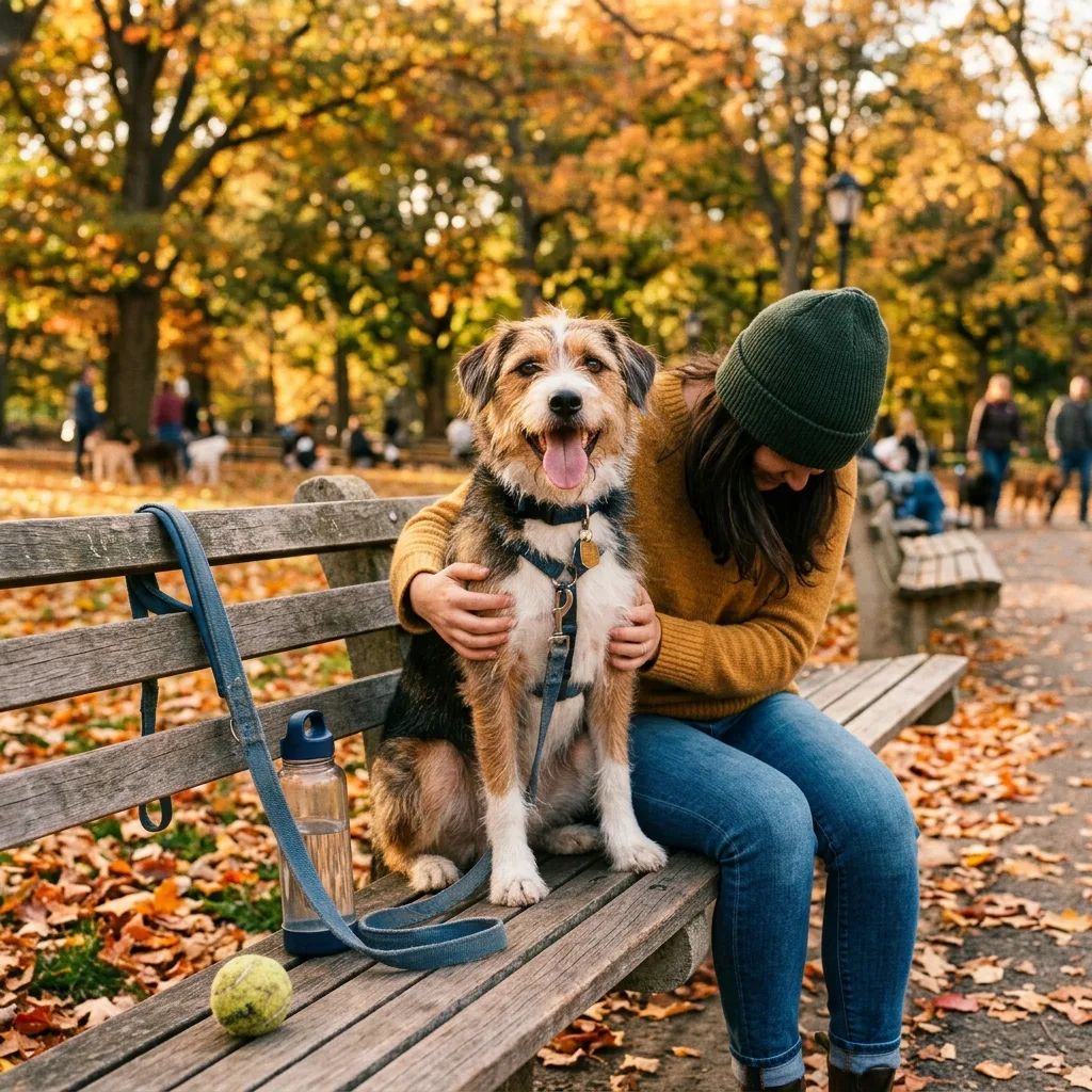 Happy dog sitting with its owner on a park bench