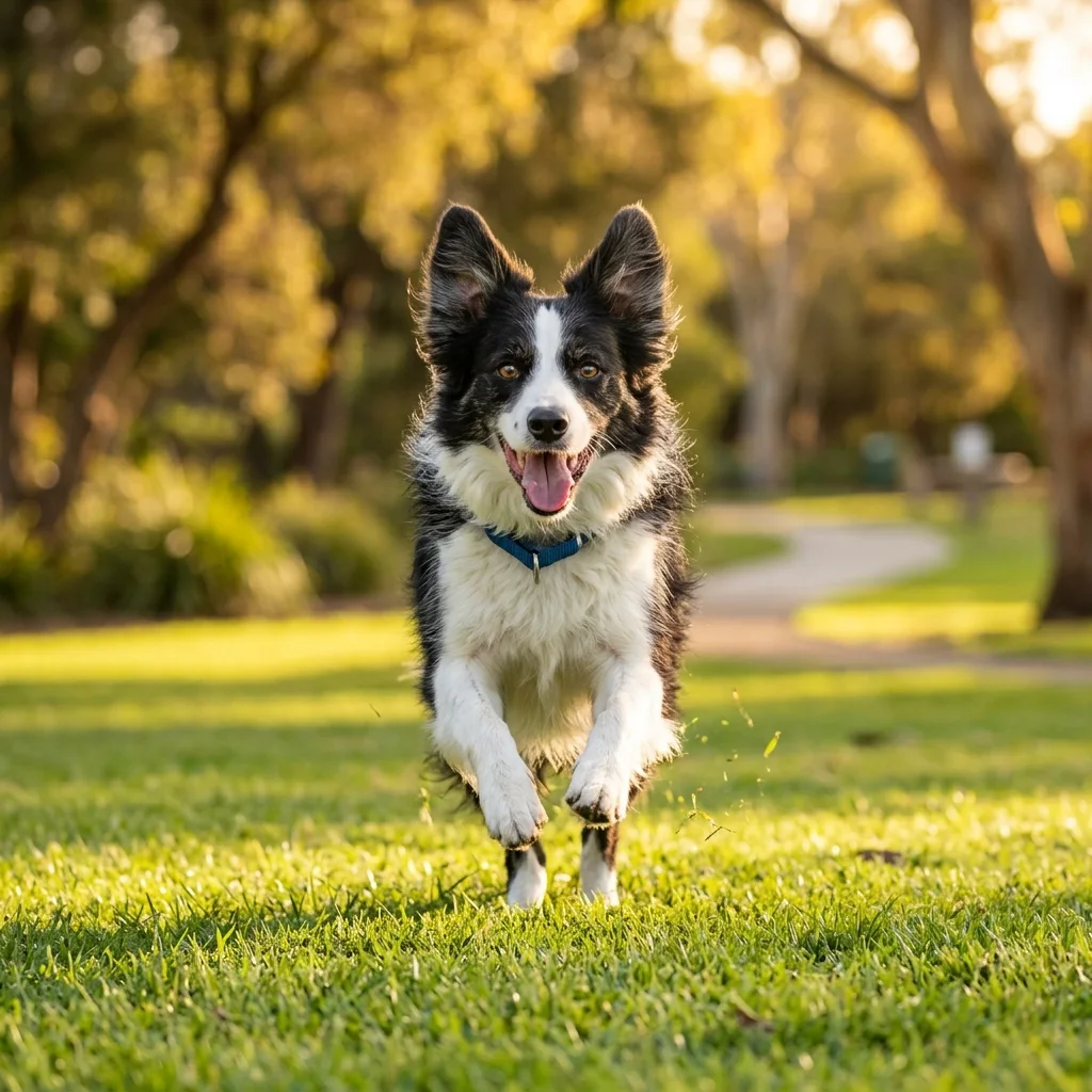 Happy border collie running across a sunny park