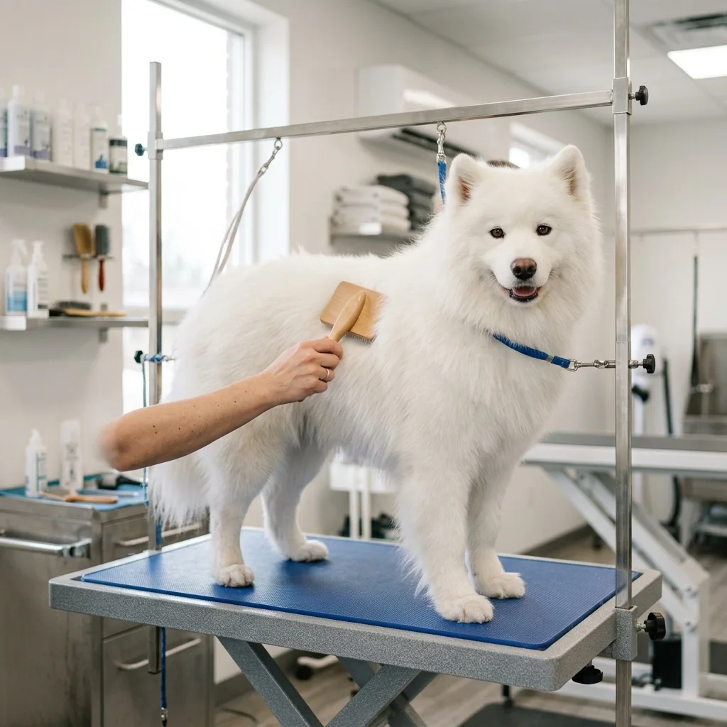 Fluffy dog being brushed on a grooming table