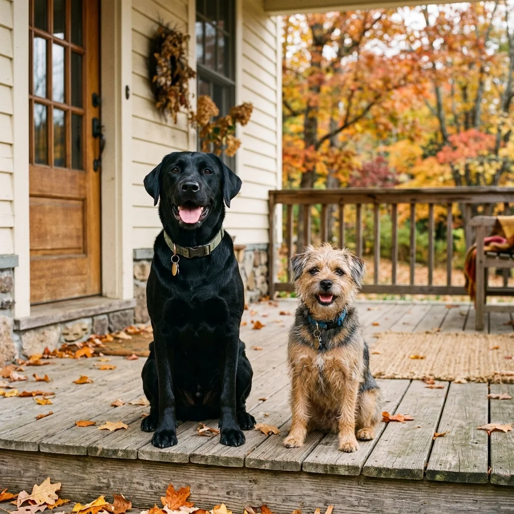 Labrador and small terrier sitting together on a porch