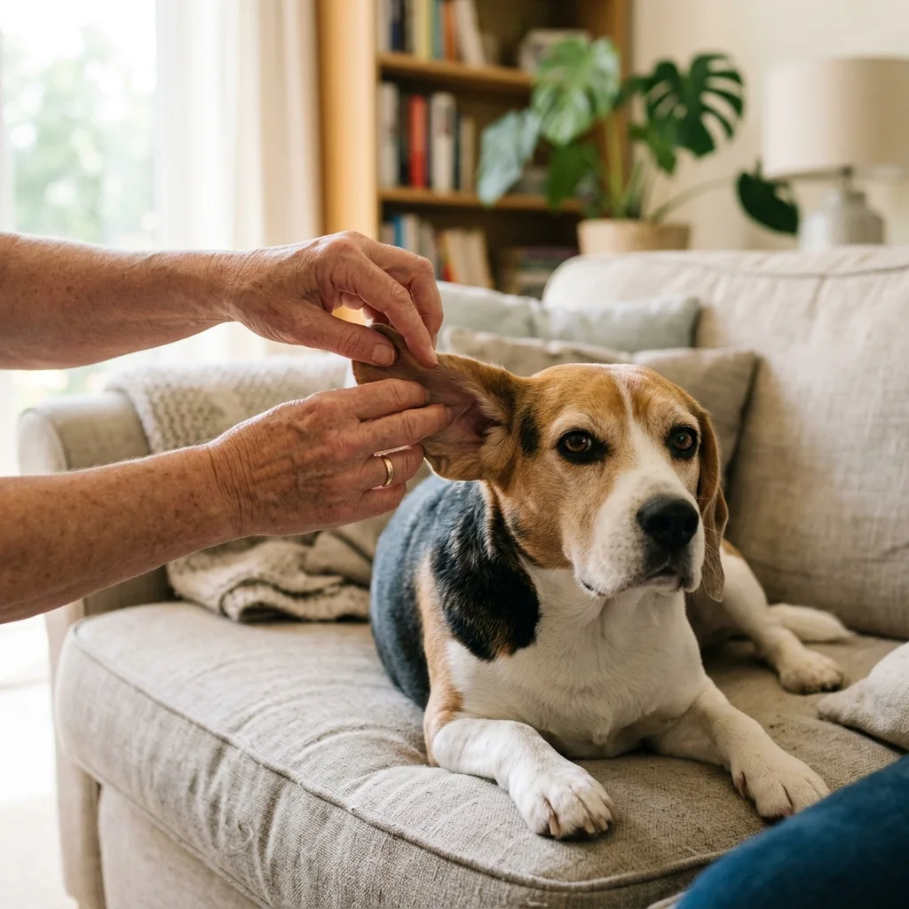 Owner gently checking a dogs ears at home