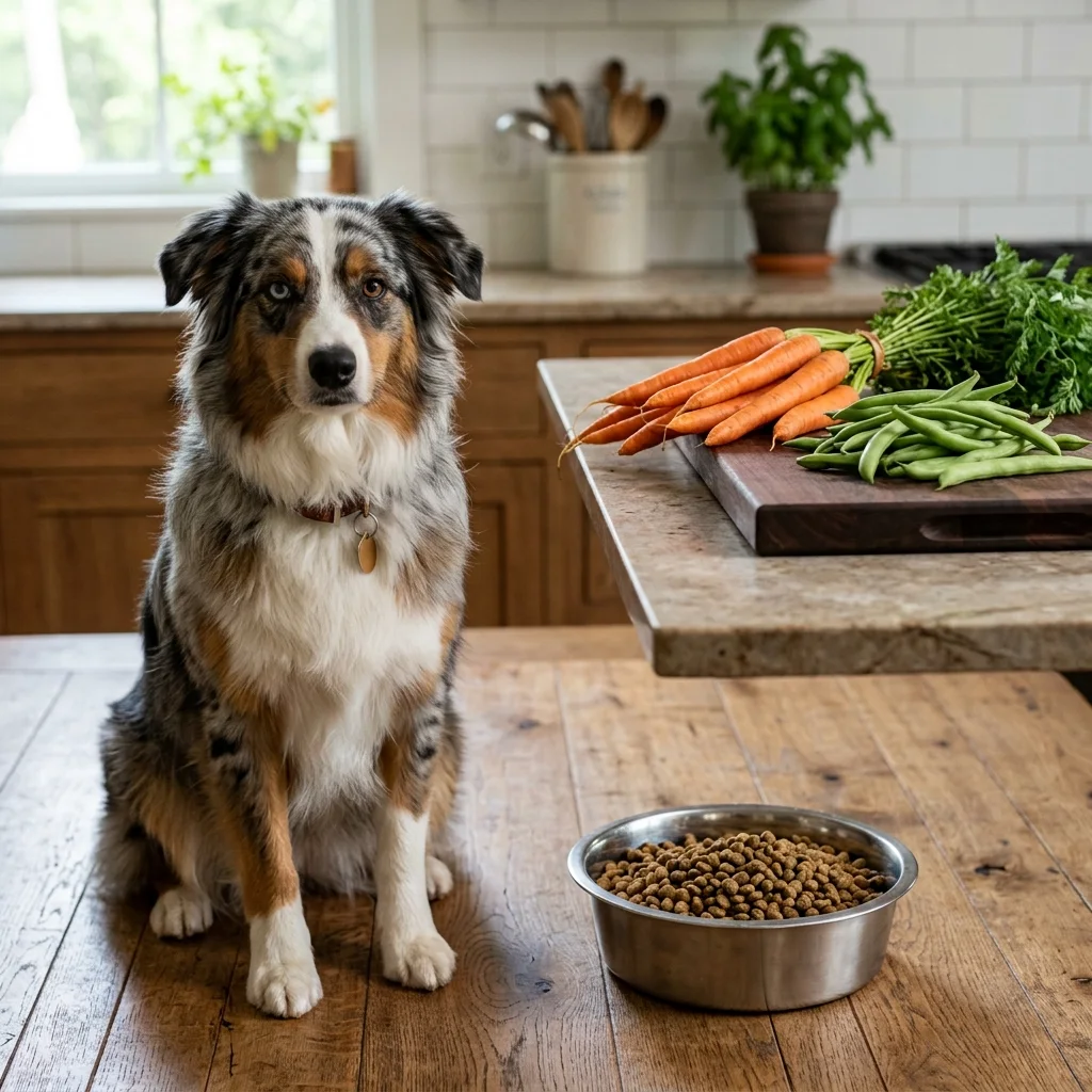 Dog waiting beside a bowl of fresh food in a kitchen