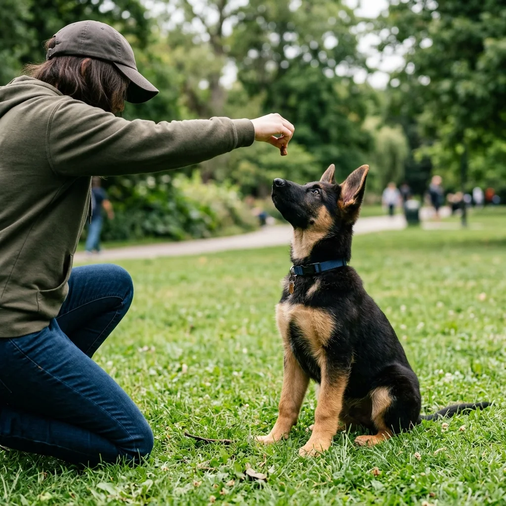 Owner training a dog to sit with a treat in the park