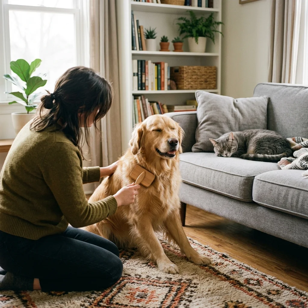 Owner brushing a relaxed dog while a cat lounges nearby in a sunny living room