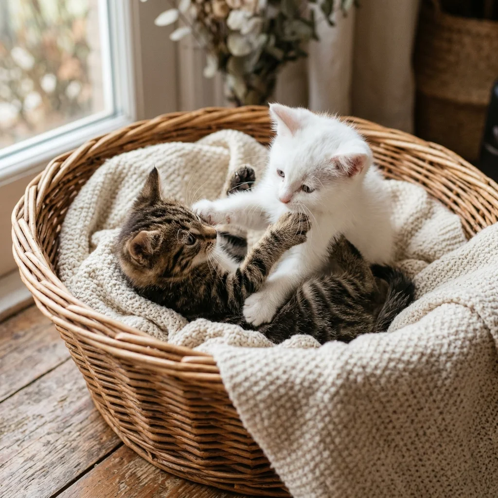 Two kittens playing in a wicker basket