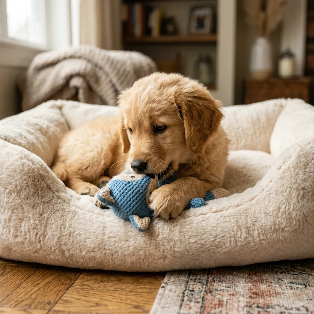 Puppy with a toy on a new dog bed