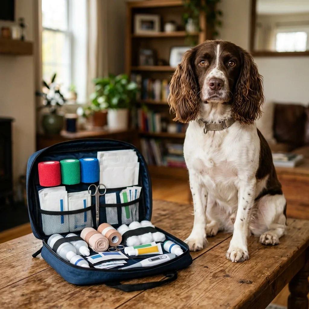 Pet first aid kit on a table beside a calm dog
