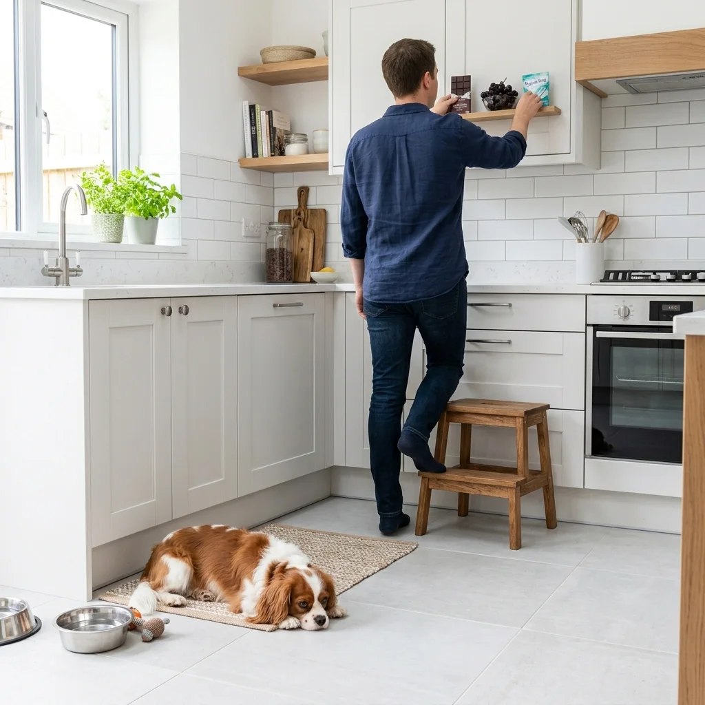 Dog resting in a kitchen while toxic foods are stored safely out of reach