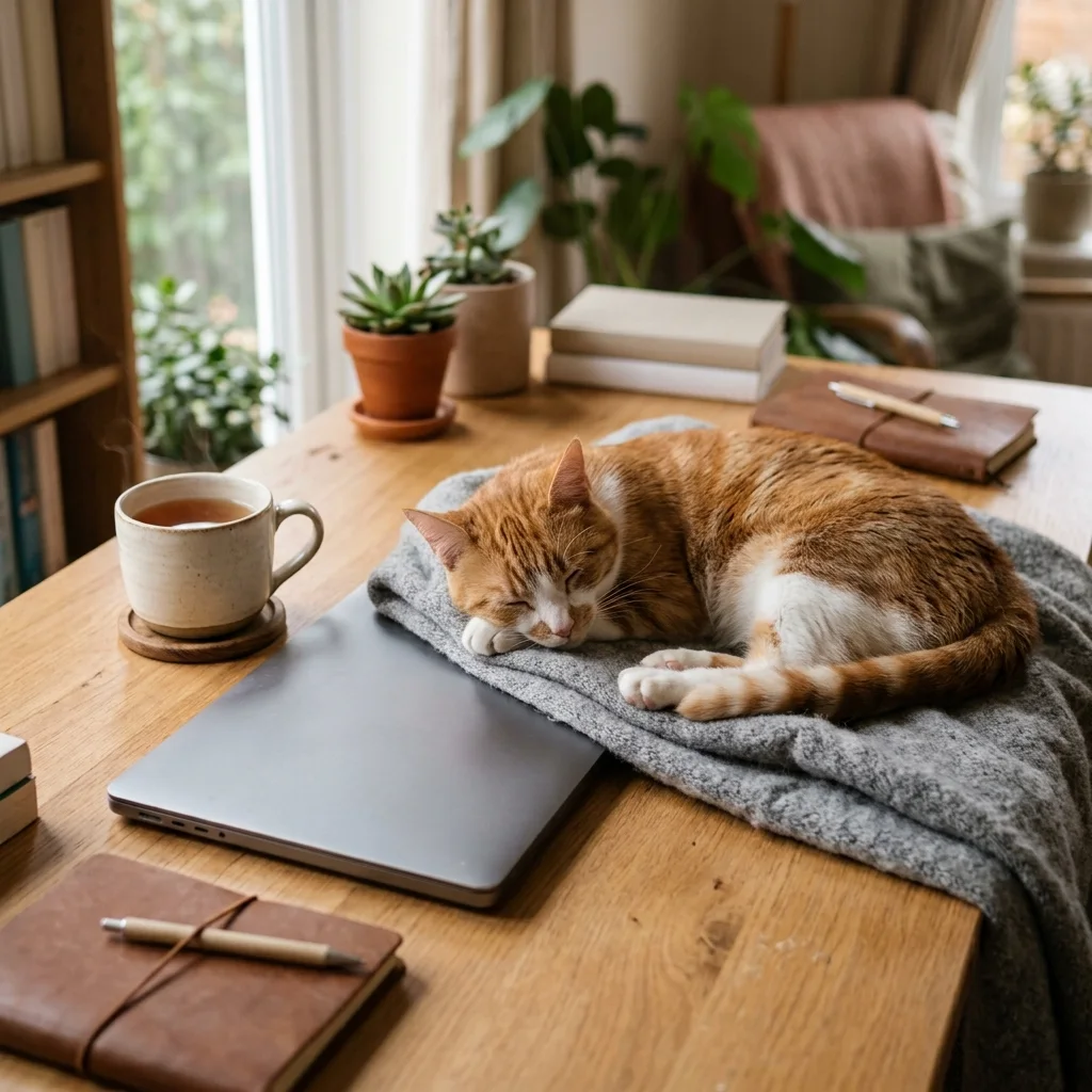 Paws Refined privacy policy: cat sleeping next to a laptop