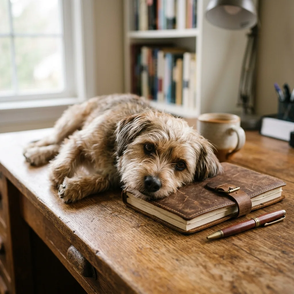 Paws Refined terms of use: dog resting beside a notebook