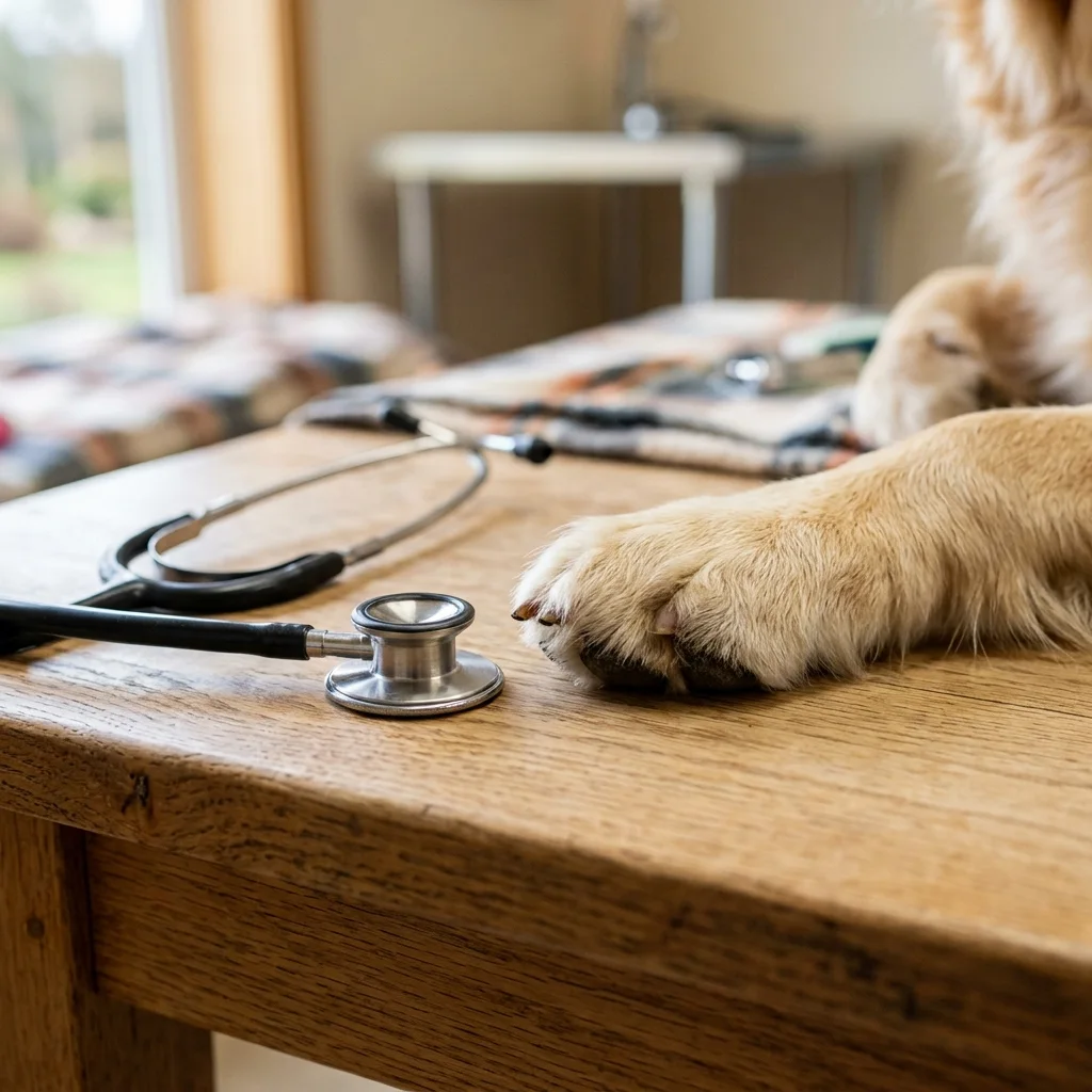 Veterinary disclaimer: stethoscope beside a dog's paw