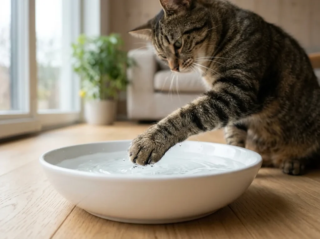 Tabby cat dipping her paw into a wide shallow water bowl