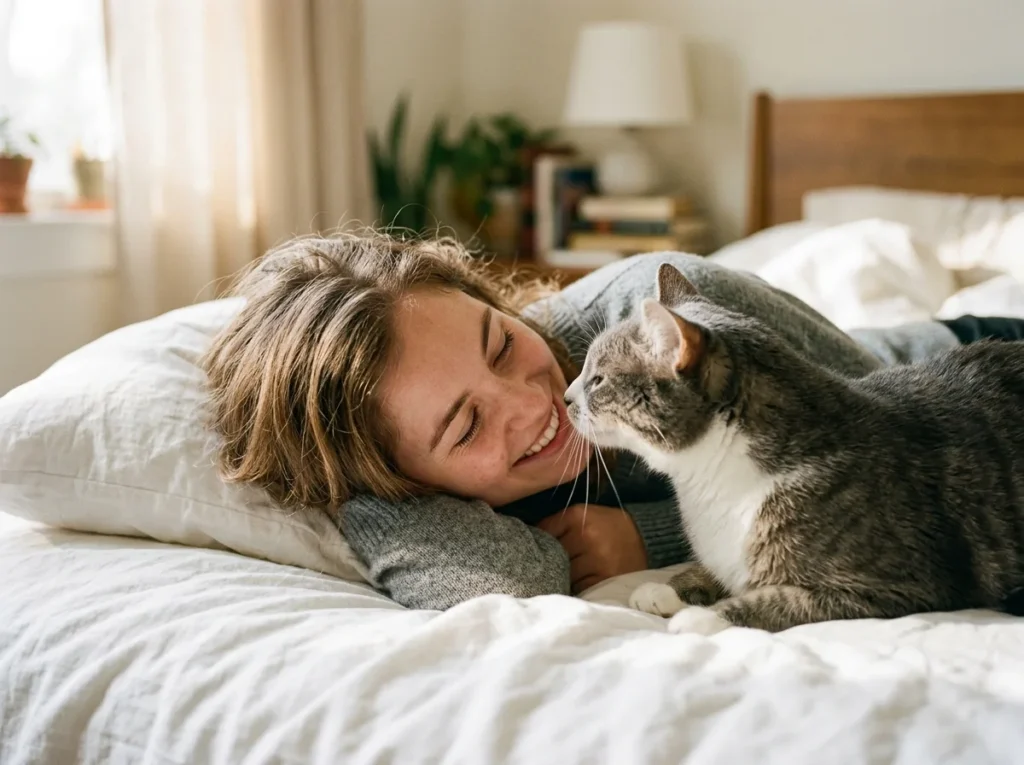 Gray and white cat sniffing a smiling woman's face on a bed