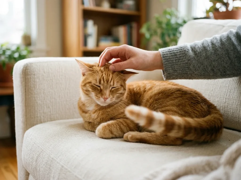 Orange tabby cat being petted on the head while its tail swishes on a sofa