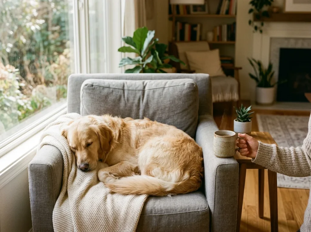 Golden retriever curled up in its owner's warm armchair after the owner stood up