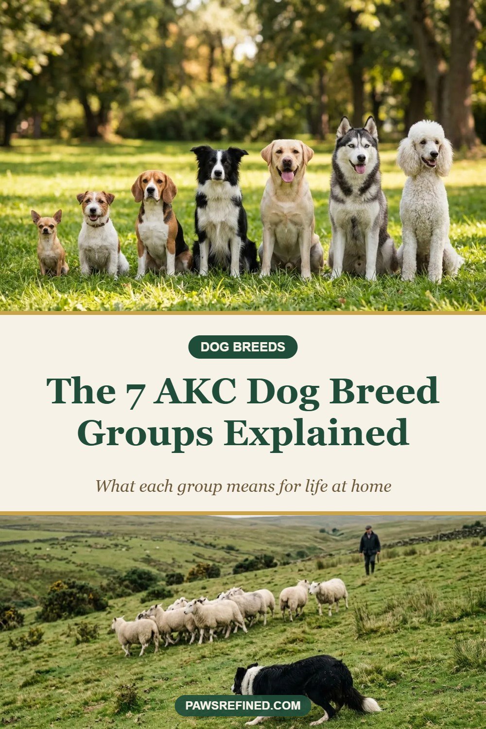 AKC dog breed groups explained pin with dogs from all seven groups