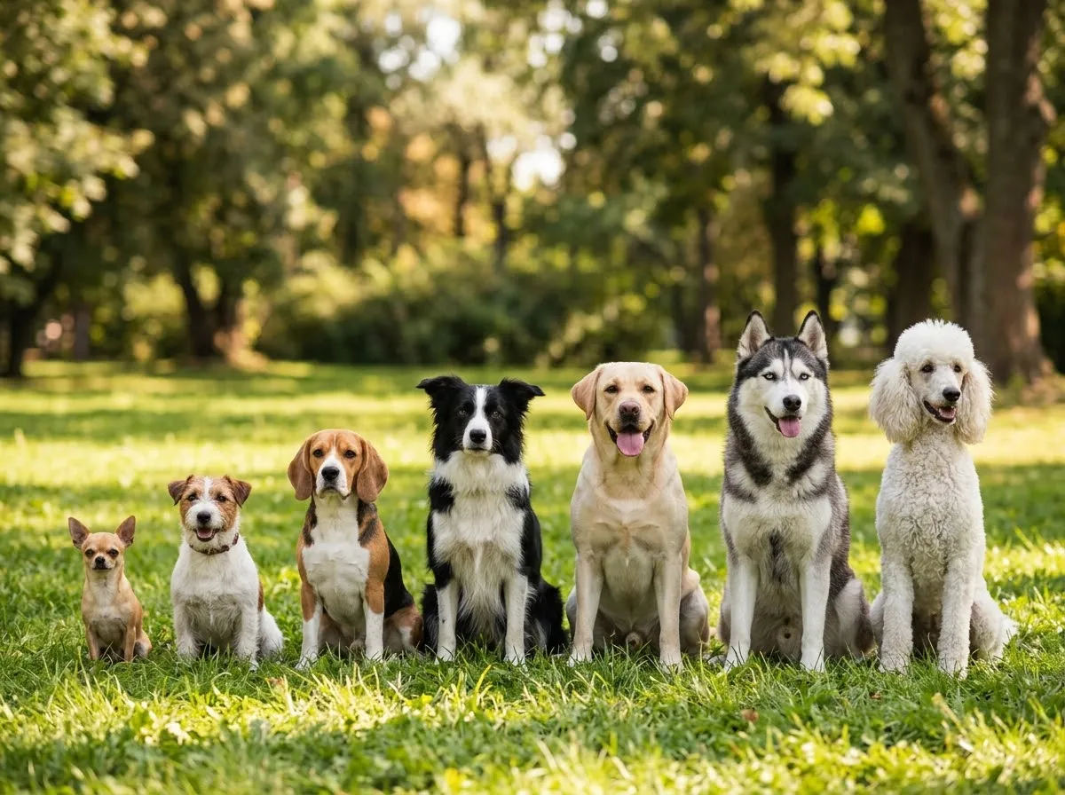 Dogs representing the seven AKC breed groups sitting in a row in a park