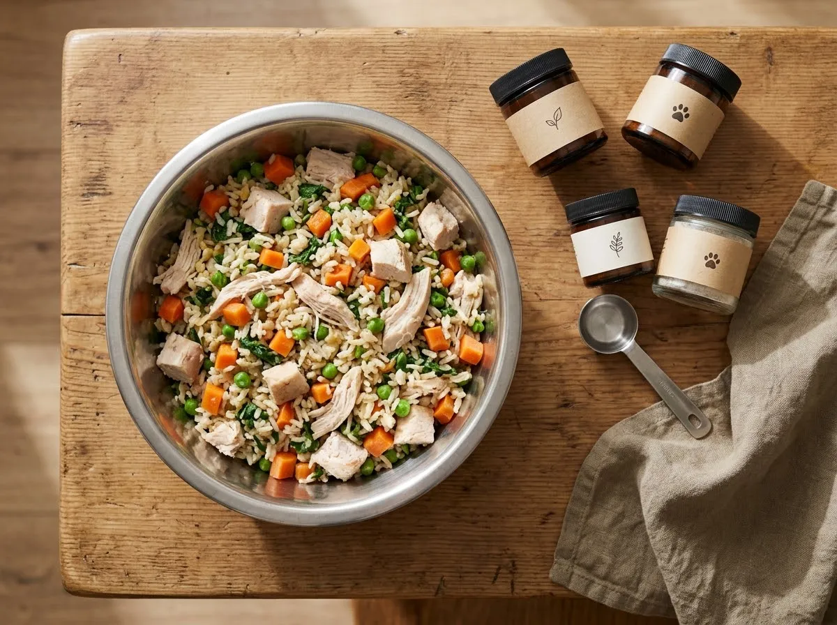 Bowl of homemade dog food with chicken, rice and vegetables next to dog supplement jars