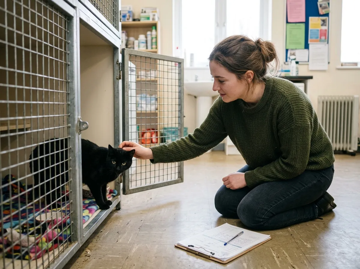 Woman kneeling at a UK rescue centre stroking a shy black cat in its pen, with adoption papers on the floor