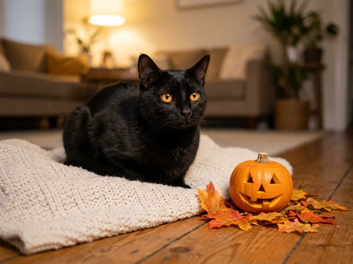 Black cat with amber eyes sitting safely indoors beside a small carved pumpkin for Black Cat Day