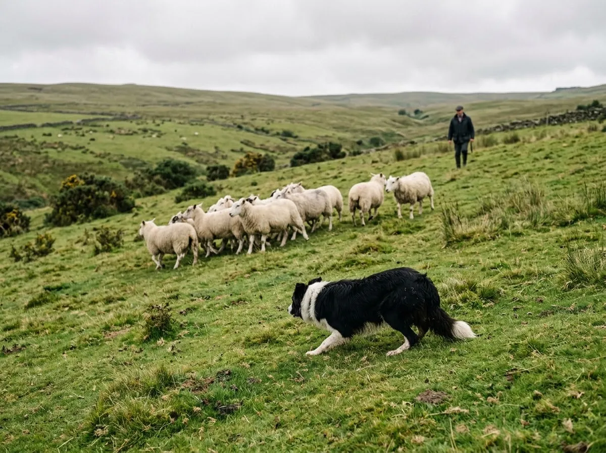 Border Collie in a low crouch herding sheep across a green pasture, AKC Herding Group