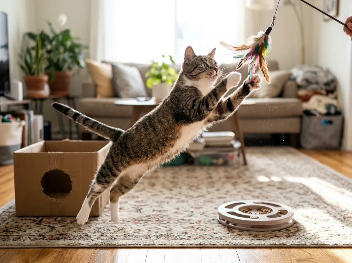 Tabby cat leaping for a feather wand toy next to a cardboard box fort and puzzle feeder
