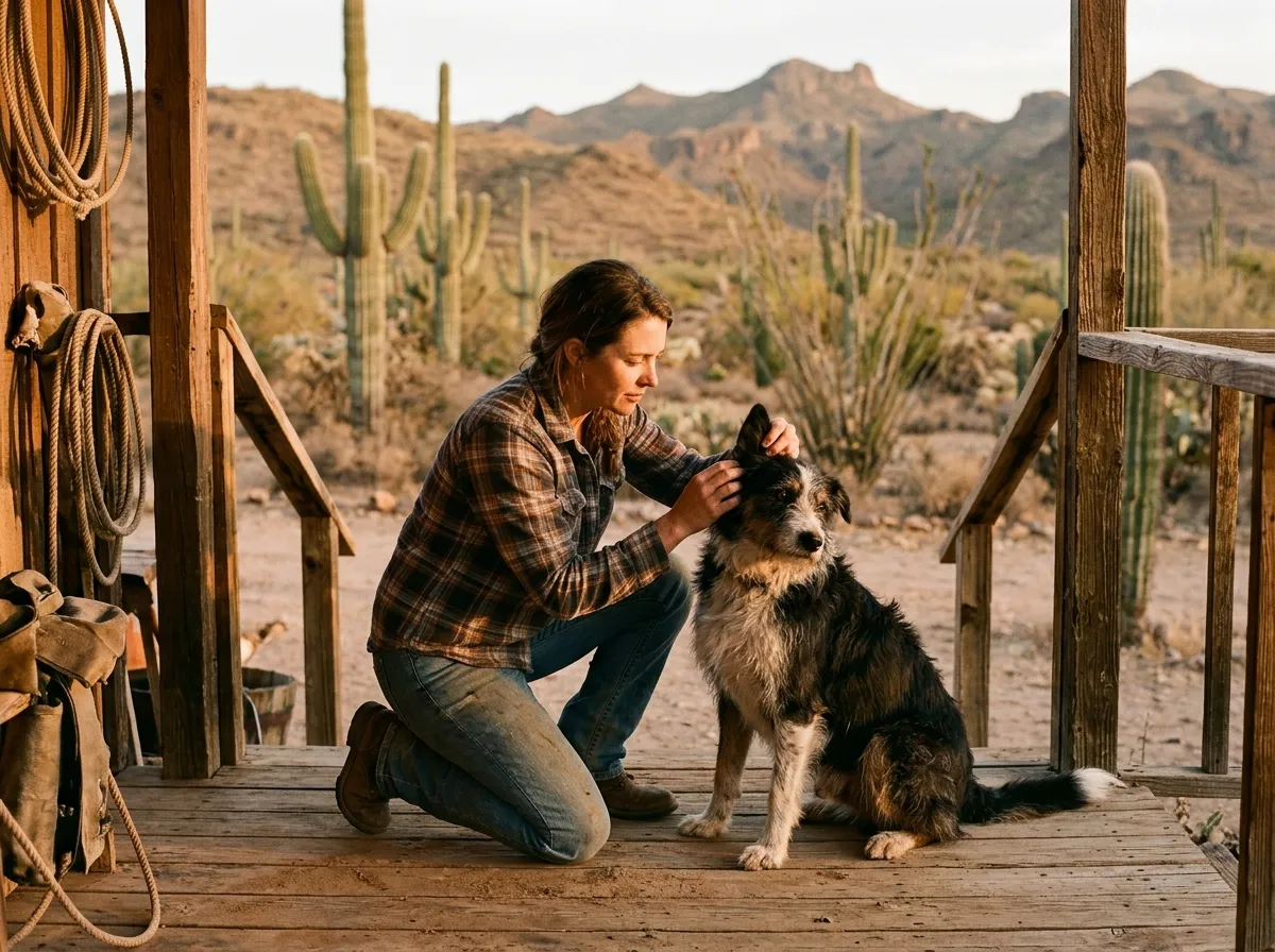 Dog owner on an Arizona ranch porch checking a border collie mix ear and skin for wounds and signs of screwworm