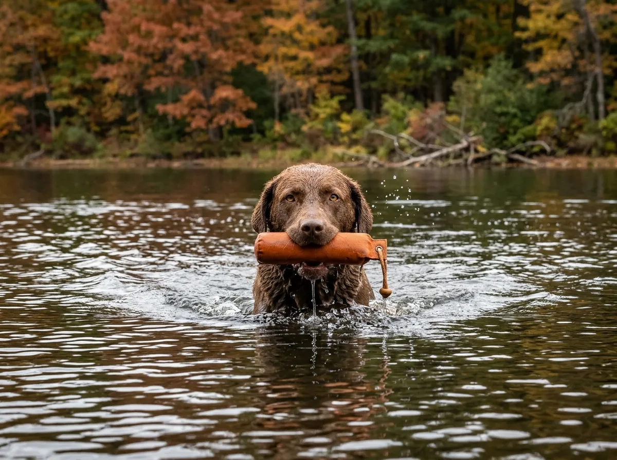 Brown Chesapeake Bay Retriever, a sporting group breed, swimming to shore with an orange training dummy in its mouth