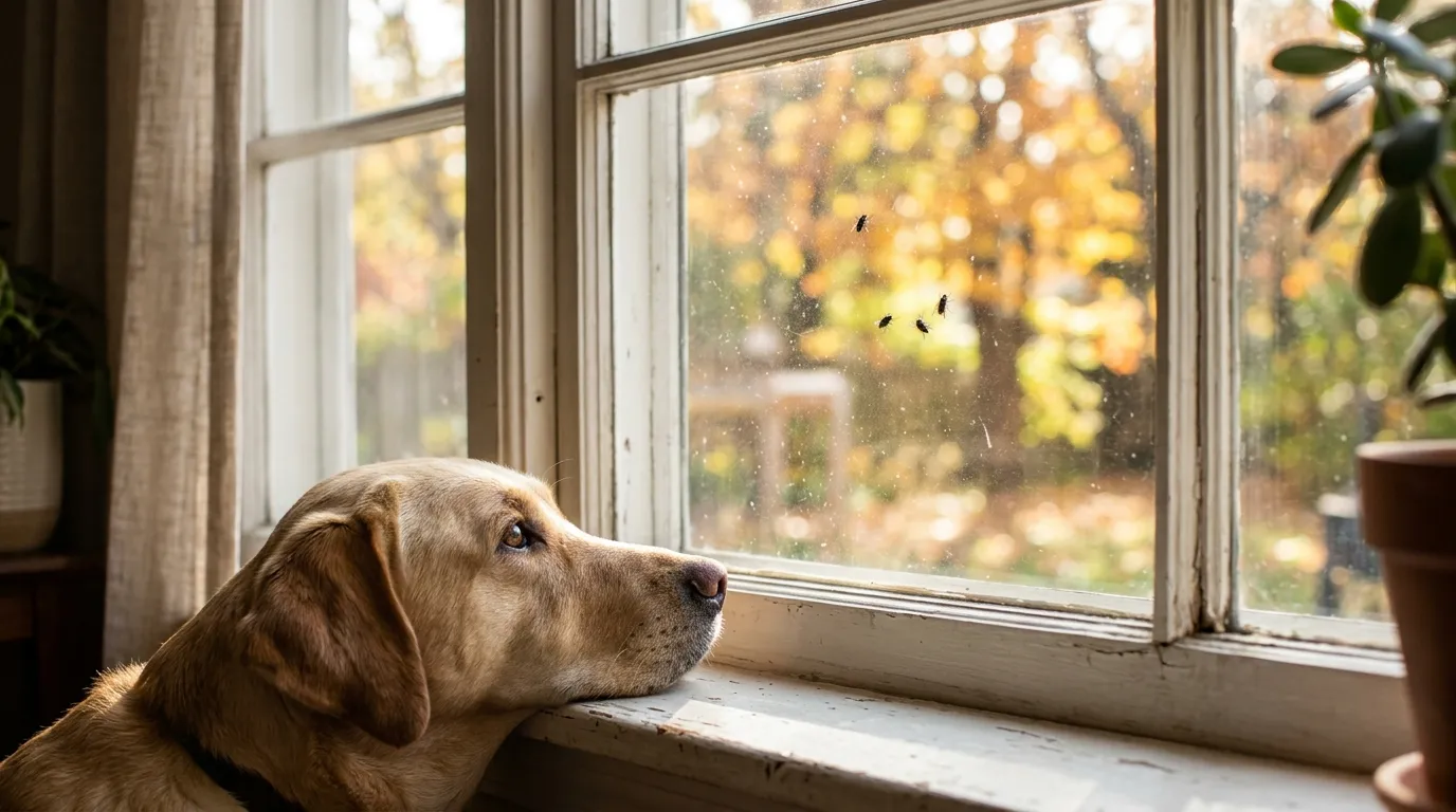 Cluster flies on a sunny autumn window while a dog watches from the window sill