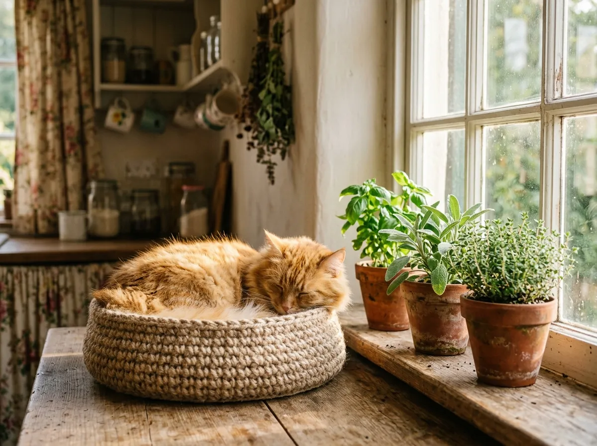 Orange cat sleeping in a knitted basket beside potted herbs on a cottage kitchen windowsill