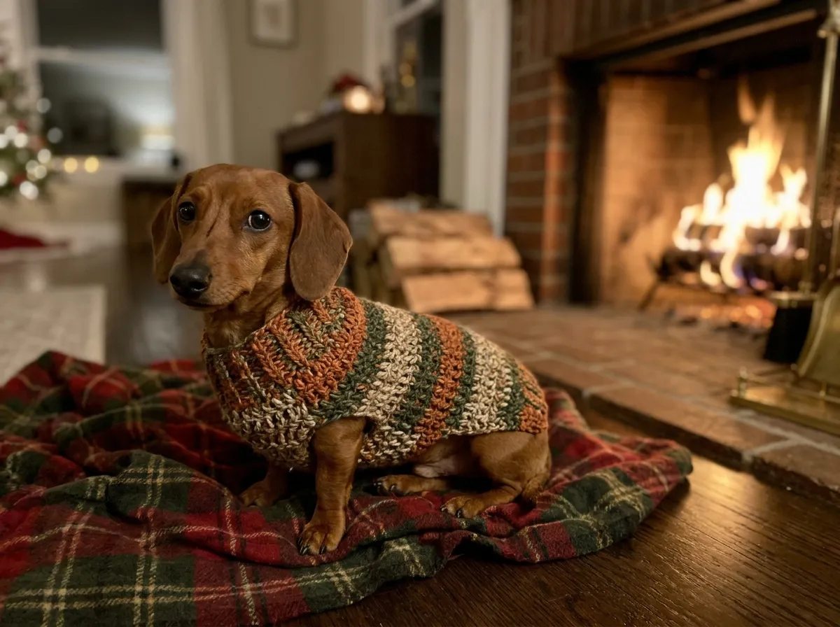 Dachshund wearing a hand-knit crochet dog sweater by the fireplace