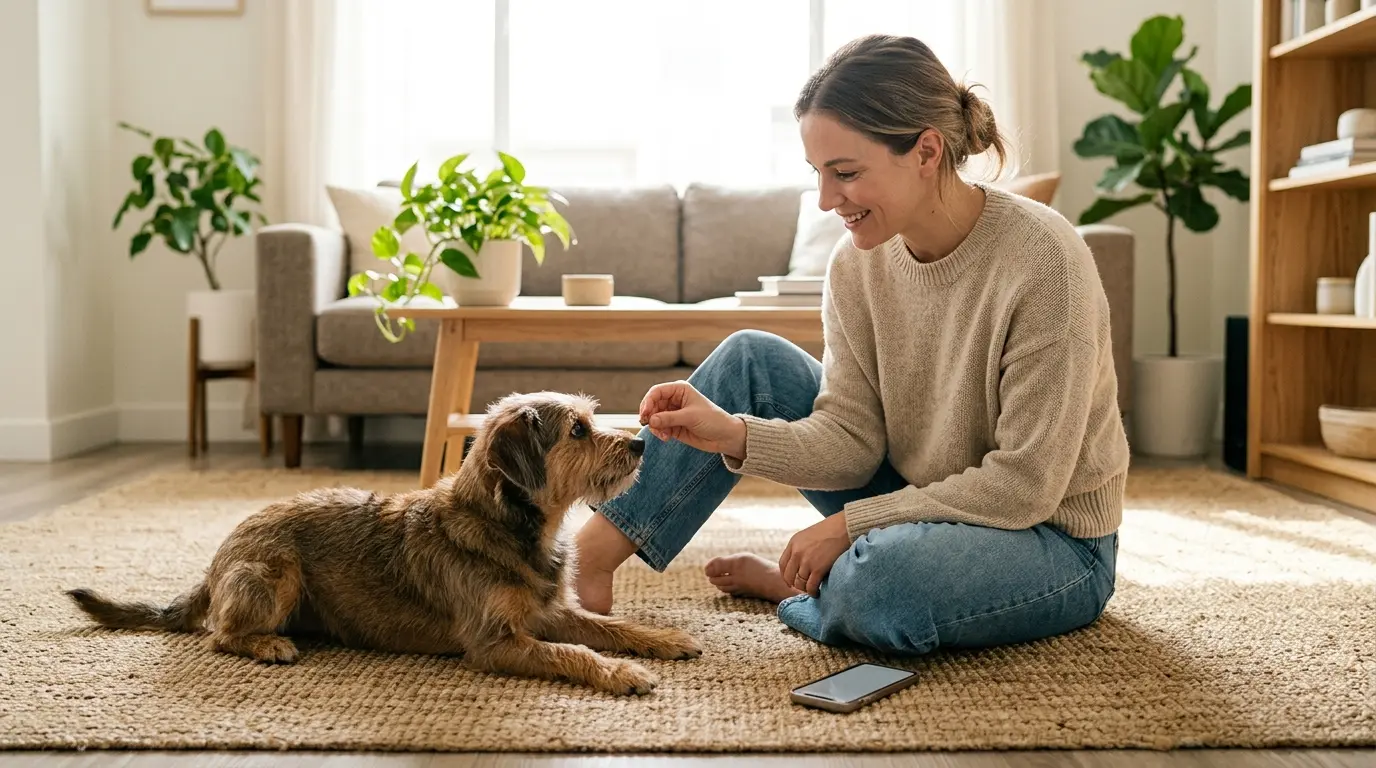 Owner rewarding a calm dog with a treat during sound desensitization training