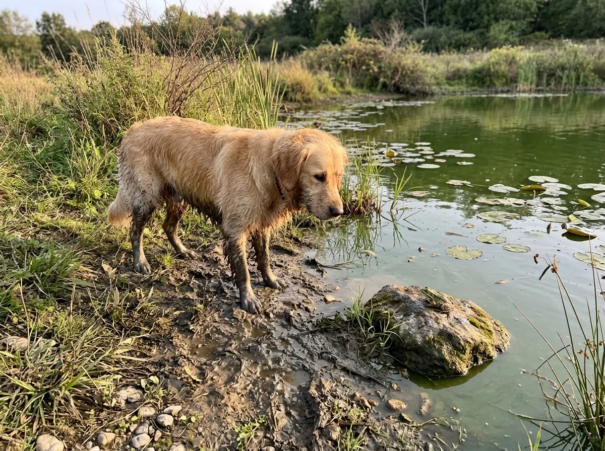 Golden retriever at the edge of a pond with a frog nearby, a common kidney worm risk for dogs