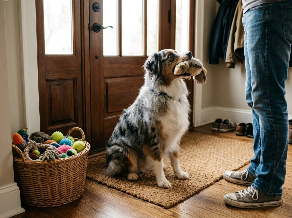 Australian Shepherd sitting calmly on the doormat with a toy as its owner comes home
