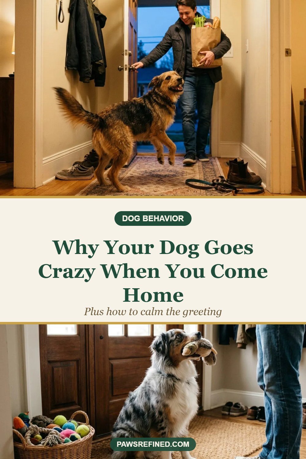 Why dogs get so excited when you come home pin with a happy dog at the door