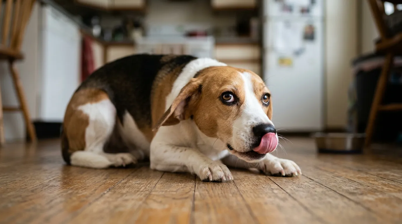 Nervous beagle crouching low and licking its lips, classic signs of fear in dogs