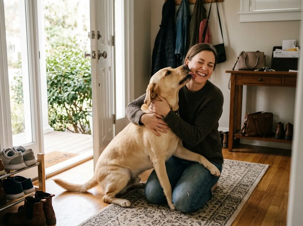 Woman kneeling in the entryway hugging her happy dog after coming home