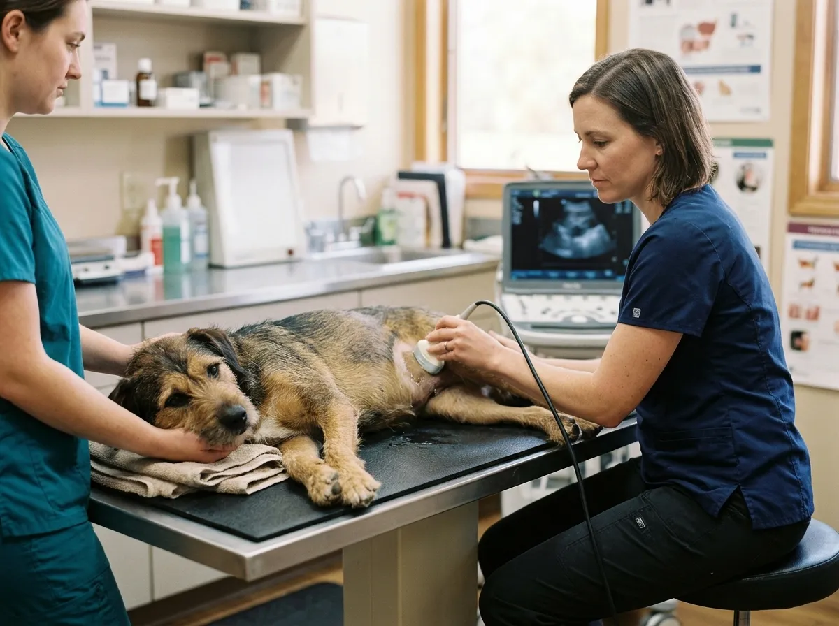 Vet doing an abdominal ultrasound on a dog to check the kidneys for giant kidney worms