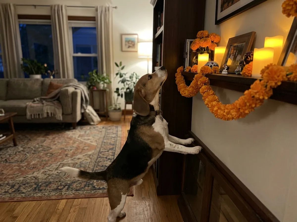 Beagle sniffing toward a high shelf with marigolds and LED candles for Day of the Dead, kept out of reach