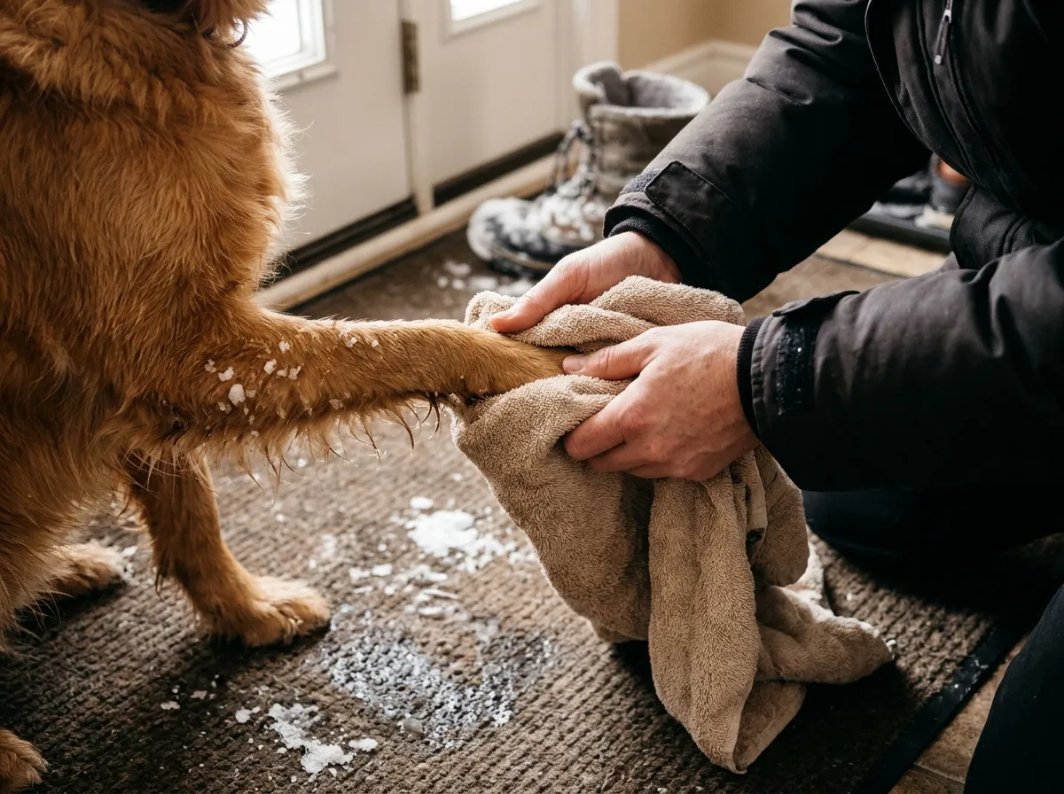 Owner drying a dog paw with a towel at the front door after a snowy winter walk