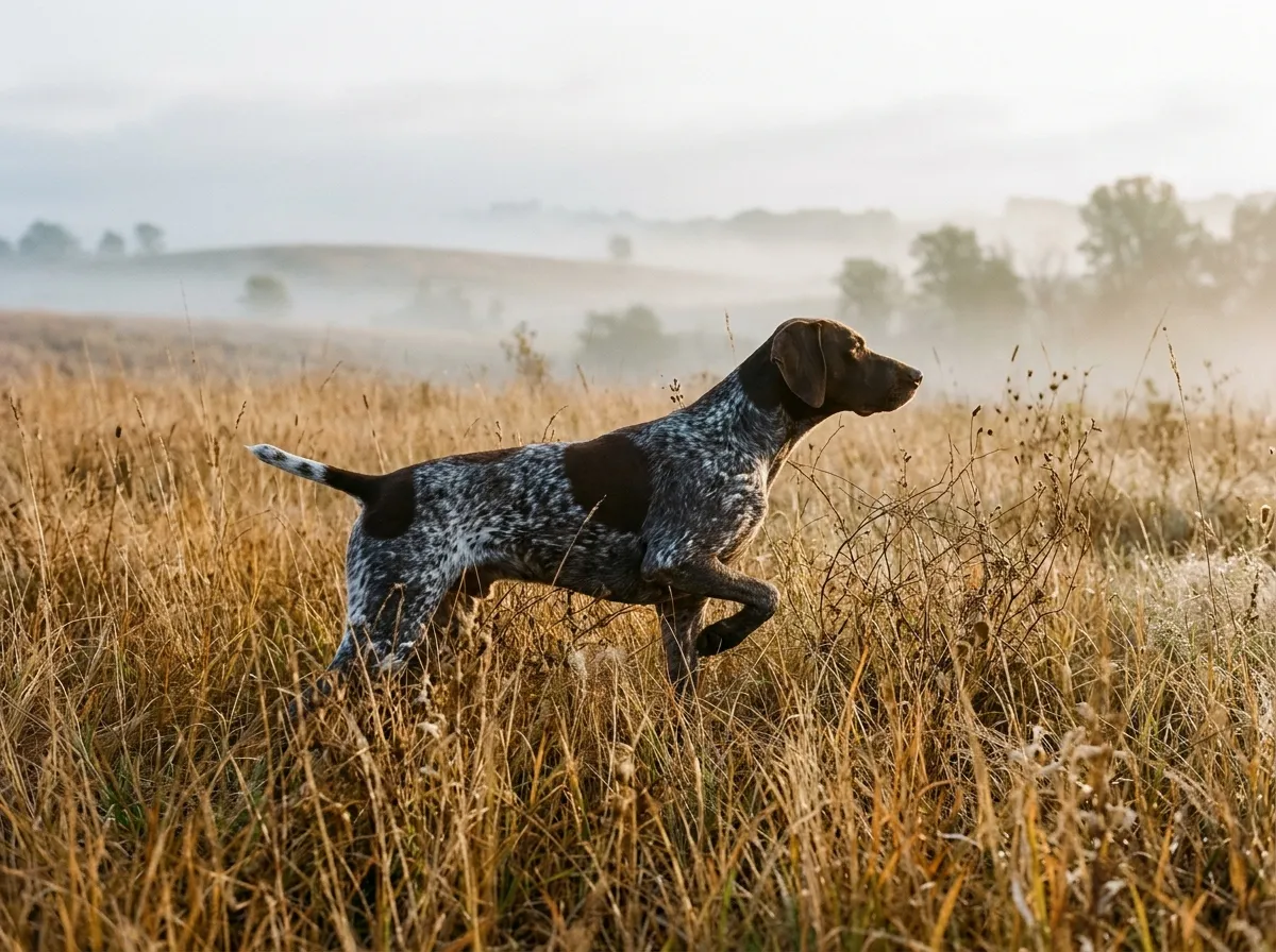 Liver and white German Shorthaired Pointer on point in tall golden grass, a classic sporting dog pose